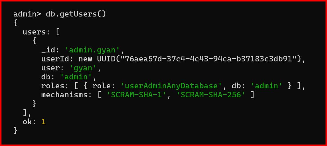 Picture showing the output of db.getUsers function in mongodb